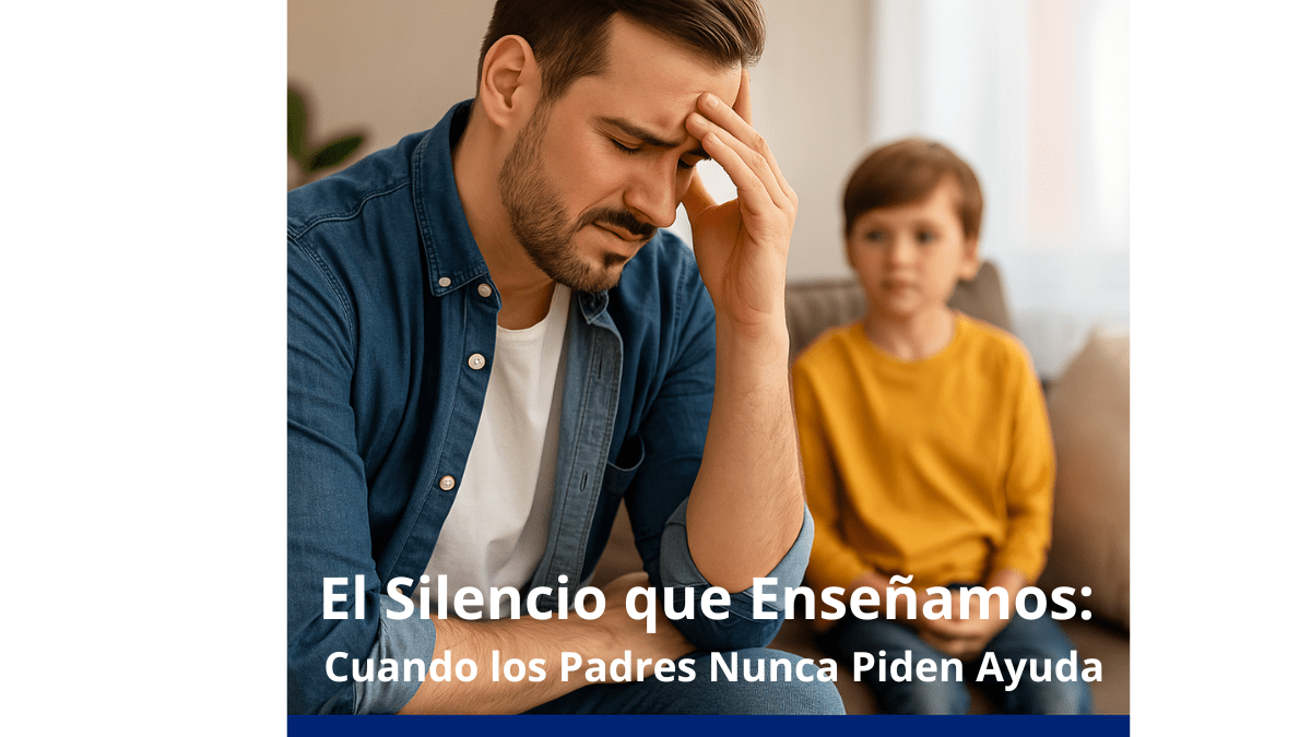 Padre con gesto de preocupación sosteniendo su cabeza, mientras su hijo lo observa con atención, reflejando el impacto del silencio emocional en la crianza.