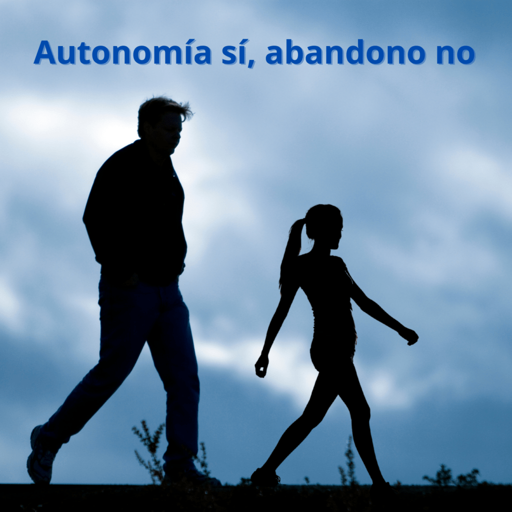 Autonomía sí, abandono no: silueta de una niña caminando delante de un adulto, simbolizando la importancia de acompañar sin desaparecer en el proceso de crecer.