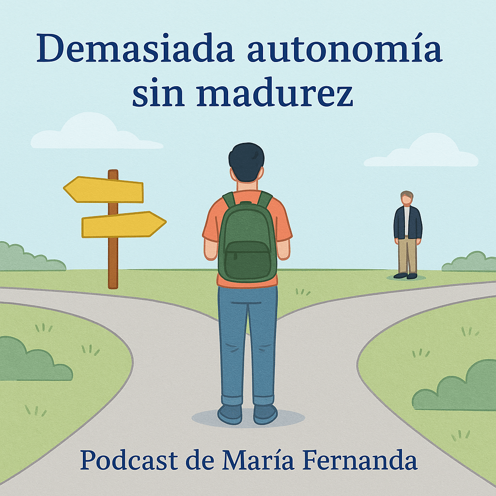 Autonomía sin madurez representada por un adolescente con mochila frente a dos caminos, mientras un adulto lo observa a distancia, simbolizando la falta de guía emocional.