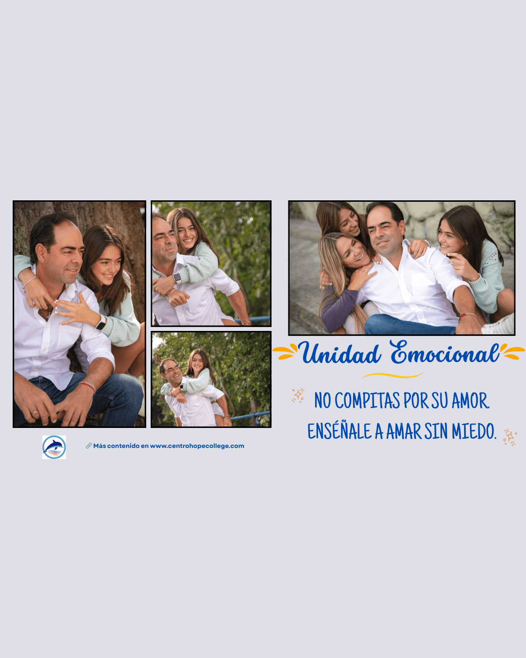 Unidad emocional en la crianza de los hijos. Imagen de una familia unida con padre, madre e hija abrazados y sonriendo, destacando la importancia de la unidad emocional y el respeto compartido en la crianza. El mensaje visual refuerza la idea de enseñar a los hijos a amar libremente, sin miedo ni divisiones.