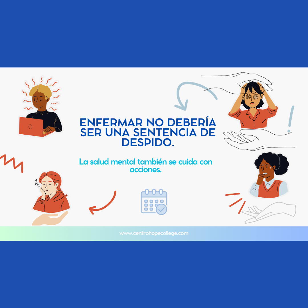 Bienestar laboral y salud mental en la empresa: cuando enfermar no debería ser motivo de despido. Ilustración con personas afectadas por estrés y ansiedad, acompañadas de manos protectoras, calendarios y flechas que simbolizan apoyo y acompañamiento emocional en el entorno laboral.