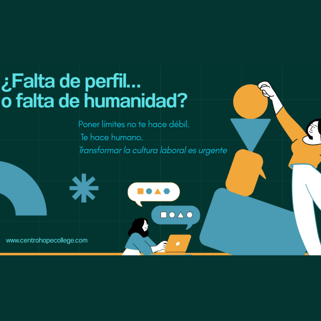 Salud mental en entornos laborales exigentes. Ilustración sobre salud mental en entornos laborales exigentes, con mensaje que invita a transformar la cultura laboral desde la humanidad y el respeto a los límites.