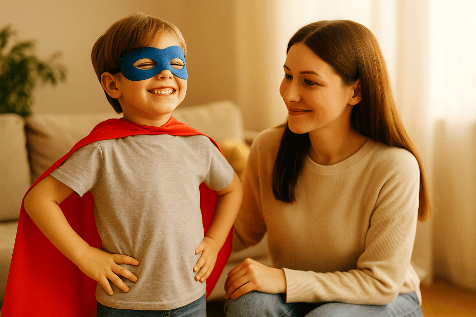 Pequeños Valientes: Libera a tu Hijo del Miedo con Amor y Juego: Niño disfrazado de superhéroe sonriendo con confianza, acompañado de su madre en un ambiente cálido y seguro
