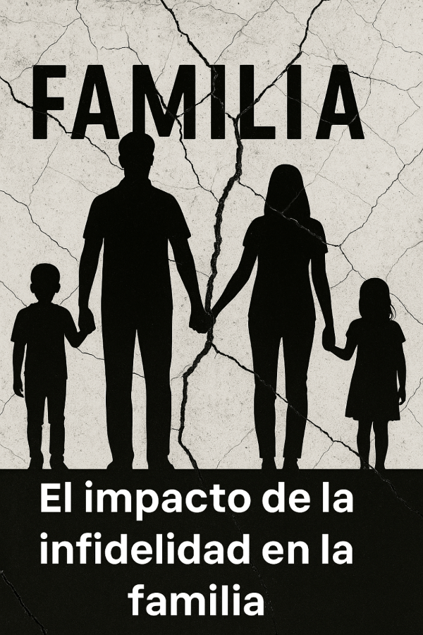 El impacto de la infidelidad en la familia: heridas que trascienden generaciones: Ilustración de siluetas familiares sobre un fondo agrietado, representando el impacto de la infidelidad en la familia y sus consecuencias emocionales.