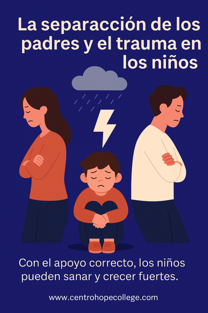 Separación de los padres y el trauma en los niños representado en una ilustración emocional sobre el impacto y la salud mental infantil.