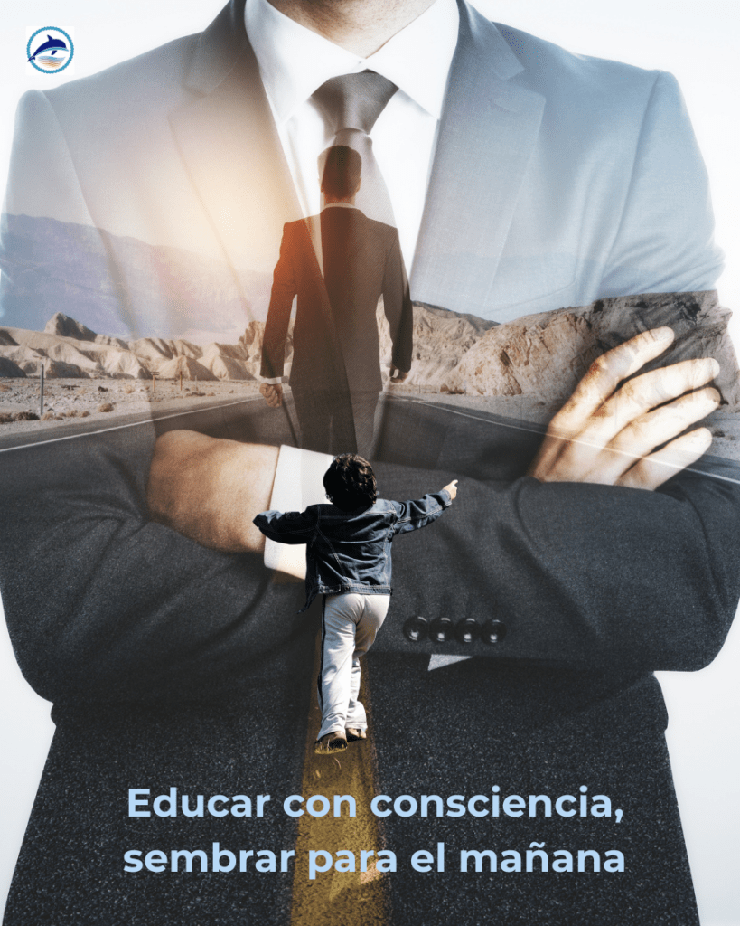 La importancia de una infancia sana para los líderes del futuro representada por un niño que camina hacia la imagen de un adulto con traje.