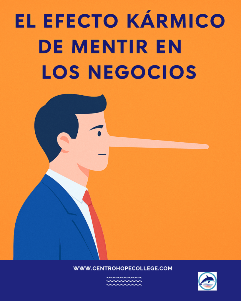 El efecto de la mentira en las relaciones profesionales y comerciales, ilustrado por un empresario con traje azul y nariz alargada, simbolizando la falsedad en el entorno laboral.