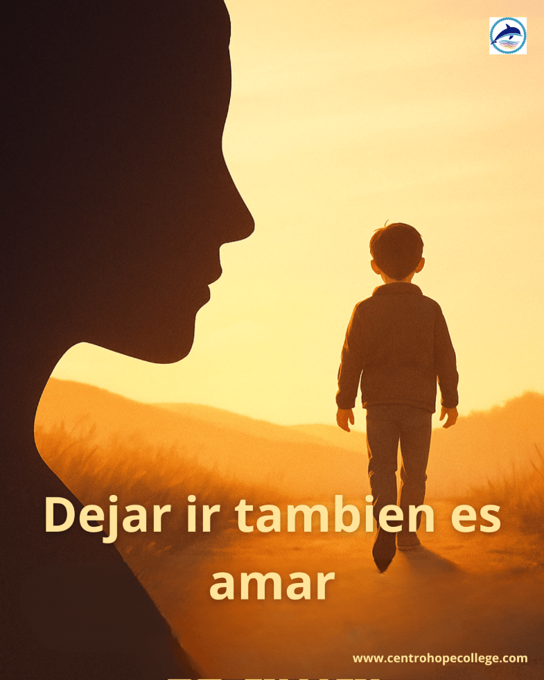 Dejar ir también es amar: silueta de un adulto observando a un niño que camina hacia la distancia, representando la importancia de soltar con amor y confianza.