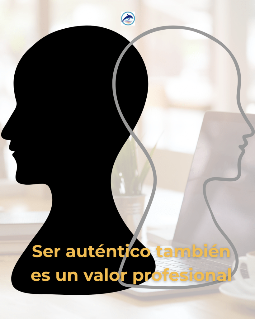 Mentir en los negocios: un camino que nos aleja de nuestro ser auténtico: Siluetas enfrentadas representan la desconexión al mentir en los negocios, con el mensaje “Ser auténtico también es un valor profesional” sobre fondo de oficina.
