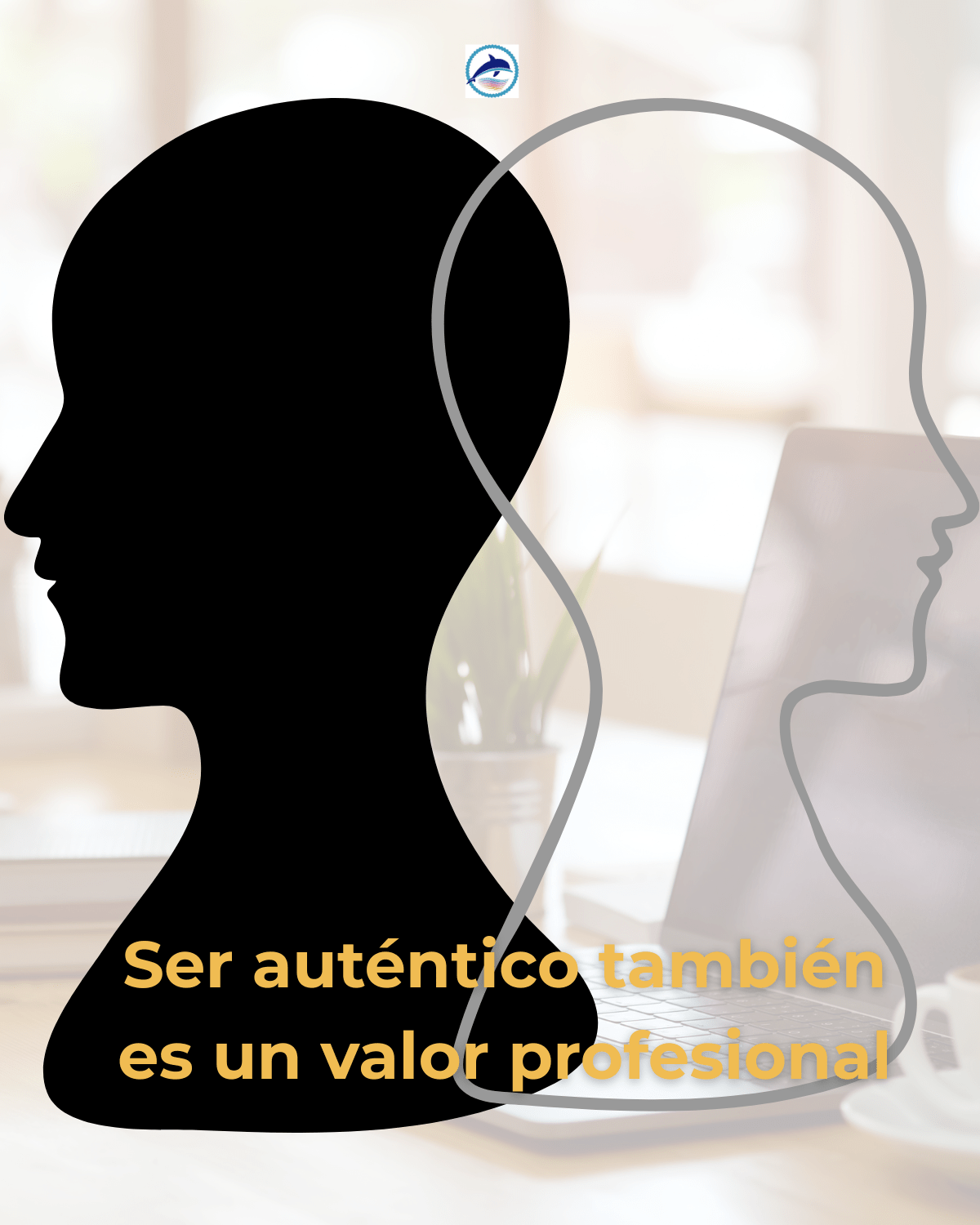Mentir en los negocios: un camino que nos aleja de nuestro ser auténtico: Siluetas enfrentadas representan la desconexión al mentir en los negocios, con el mensaje “Ser auténtico también es un valor profesional” sobre fondo de oficina.