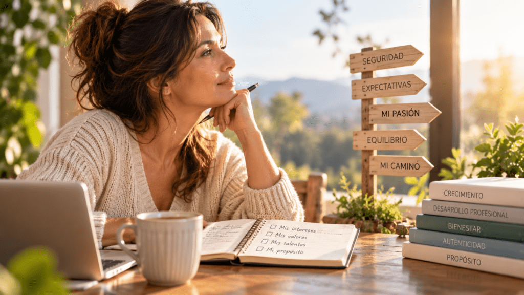 Vocación profesional: mujer reflexionando sobre sus intereses, valores, talentos y el camino que quiere elegir.