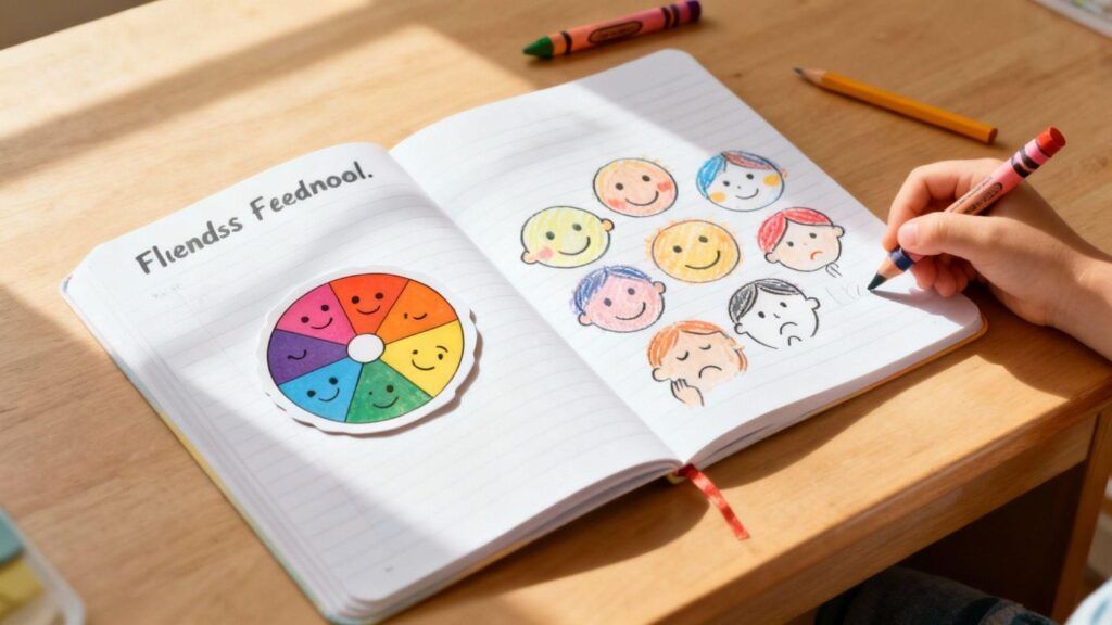 Dibujo infantil con lápices de colores que representa la expresión de las emociones y el bienestar infantil.